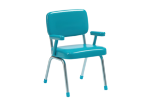A vibrant turquoise chair with armrests and a sleek metal frame, designed for comfort and style. png
