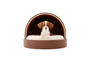 A cute dog sits comfortably in a cozy bed with a rounded canopy, showcasing its playful expression and inviting charm. png