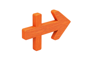 An orange wooden arrow pointing to the right, featuring a simple design and distinctive grain texture. png