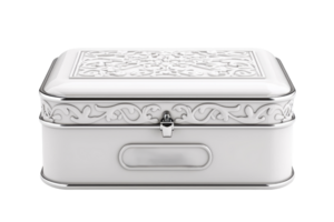 An ornate, rectangular box featuring intricate designs on the lid, made from a shiny, reflective material, perfect for storage or decoration. png