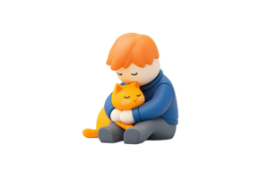 A figurine depicting a boy hugging a cat, conveying warmth and affection with bright colors and a charming design. png