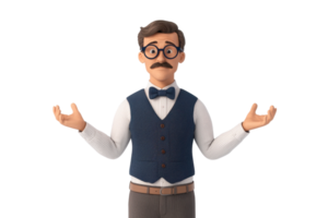 A stylized figurine of a bespectacled man in a vest and bow tie, posed with arms raised in a welcoming gesture. png