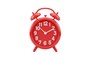 A bright red alarm clock with a classic design featuring two bells on top and large, easy-to-read numbers. png
