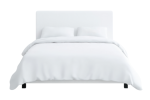 A modern white bed with two pillows and a fluffy comforter, designed for a cozy sleeping space. png