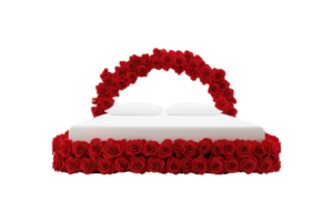 A beautifully arranged bed adorned with vibrant red roses, featuring plush white pillows, creating a romantic and inviting atmosphere. png