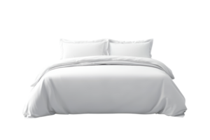 A neatly arranged white bedding set featuring a quilt and two decorative pillows, exuding a sense of comfort and simplicity. png
