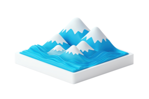 A stylized representation of mountains with snow caps, surrounded by flowing waves, presented in a compact, three-dimensional design. png