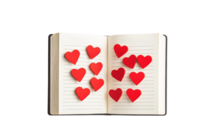 An open notebook with scattered red heart shapes on its pages, symbolizing love and affection. png