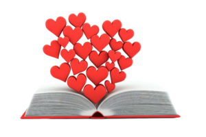 An open book with a flurry of red hearts floating above it, symbolizing love and romance. png