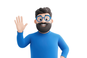 A friendly cartoon character with a beard and glasses, wearing a blue sweater, waving hello with a warm smile. png