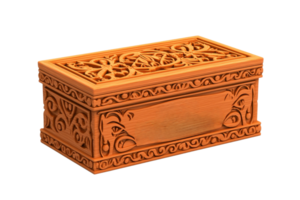 Ornately carved wooden box with intricate patterns and a smooth surface, showcasing craftsmanship and elegance. png