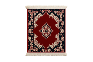 A richly patterned area rug featuring intricate floral designs in red, navy, and cream colors, with decorative fringes on the edges. png