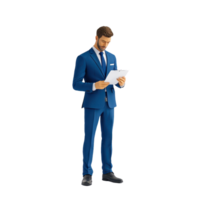A well-dressed man in a blue suit is reading a document with a focused expression. png