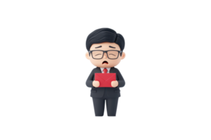 A cartoon character in business attire appears saddened while holding a red folder, conveying a sense of disappointment or concern. png