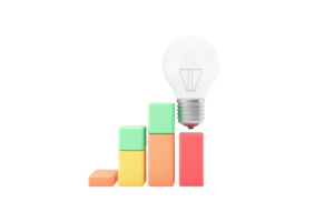 A light bulb sits atop a colorful bar graph, symbolizing ideas and growth in a professional context. png