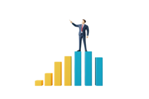 A businessman stands triumphantly on a bar chart, pointing upwards to symbolize growth and success. png