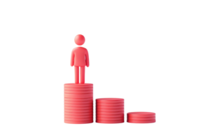 A red figure stands atop a stack of coins, symbolizing success, achievement, or growth in a financial context. png