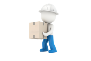 A worker character lifting a cardboard box, wearing a helmet, demonstrating manual handling in a construction or logistics context. png