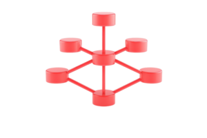 A red geometric structure featuring multiple cylindrical nodes connected by rods, creating a balanced and symmetrical design. png