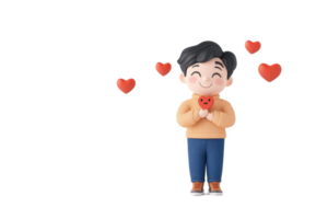 A cheerful cartoon figure holding a red heart, surrounded by floating hearts, expressing love and happiness. png