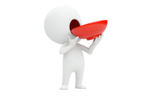 A stylized figure holds a red bowl, appearing to drink or taste from it, showcasing a playful and imaginative design. png