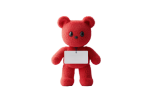 A vibrant red teddy bear with a blank tag attached to its body, featuring round ears and a cheerful facial expression. png