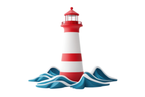A colorful lighthouse with red and white stripes, surrounded by stylized waves. png