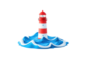 A colorful lighthouse stands atop stylized waves, showcasing red and white stripes with a bright red lantern at the top. png