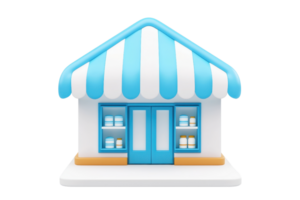 A small, colorful shop featuring a blue-striped awning and display windows filled with various products. png