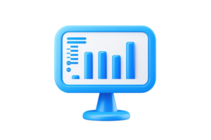 A blue computer monitor displaying a bar graph representation of data. png