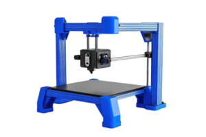 A modern blue 3D printer designed for precision printing, featuring a movable print head and a sturdy platform for creating three-dimensional objects. png