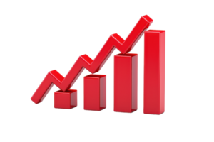 A stylized red bar graph with varying heights, illustrating an upward trend in data. png