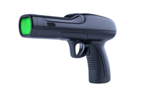 A sleek, handheld device with a green light emitter, resembling a futuristic tool for measurement or targeting. png