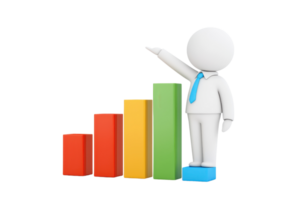 A 3D figure in a suit gestures towards ascending colorful bar graphs, symbolizing growth and success. png