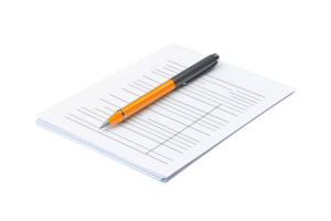 A pen resting on a stack of lined paper, featuring a grid layout for notes or lists. png