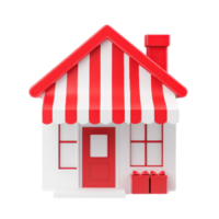 A small, colorful house model with red and white striped awning and a chimney, featuring a door and windows. png