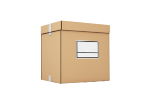 A cardboard box with a blank label on one side, featuring a simple design and straight edges. png