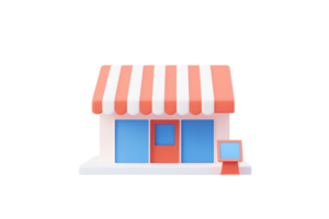 A small, colorful store with red and white striped awning, featuring blue windows and an adjacent display stand. png