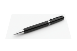 A sleek black pen with silver accents, resting on a plain surface, exemplifying elegance and functionality in writing instruments. png