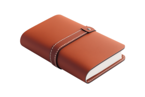 A rich brown leather notebook with a button closure and white stitching along the edges. png