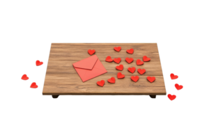 A wooden surface features a red envelope surrounded by small red heart shapes, symbolizing love and affection. png