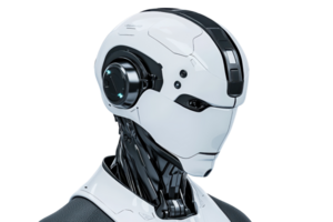 A futuristic humanoid robot head with sleek design, featuring a smooth white exterior and high-tech components. png