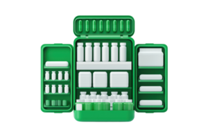 A green medical kit filled with various bottles and containers, designed for storing medications and first aid supplies. png