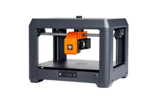 A modern 3D printer featuring a sleek design with an orange print head, showcasing its innovative technology and functionality. png