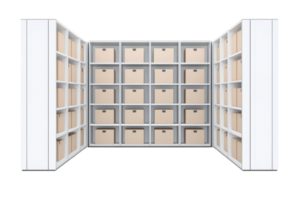 A modern shelving unit featuring multiple storage boxes arranged neatly across its compartments. png
