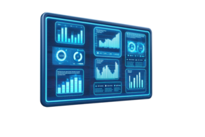 A digital dashboard displaying various data visualizations, including charts and graphs, in a sleek, high-tech design. png