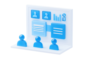 A 3D representation featuring blue figures and data icons, symbolizing teamwork and information sharing. png
