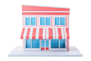 A colorful model of a shop with red and white striped awnings and blue windows, showcasing a charming storefront design. png