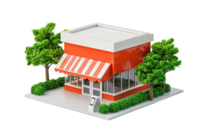 A colorful, modern building featuring large windows, striped awning, and surrounded by greenery, representing a retail or dining establishment. png