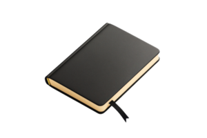 A sleek black notebook with a textured cover and gold-edged pages, featuring a ribbon bookmark for easy access. png
